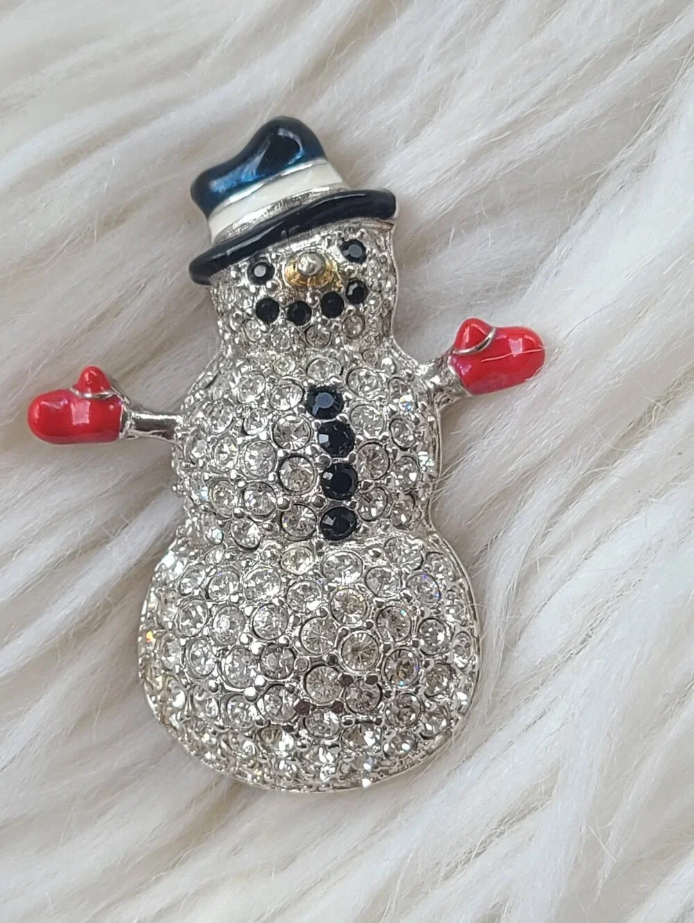 Swarovski 2003 Snowman Brooch With Black Hat Red Mittens- Excellent Condition